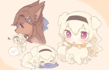animal animal_focus animal_with_hair animalization black_hairband blonde_hair brown_hair commentary dog hair_ornament hairband heart long_hair multiple_views nako_(user_wnnm5534) no_humans purple_eyes saijo_claudine shoujo_kageki_revue_starlight size_difference speech_bubble tendo_maya thought_bubble x_hair_ornament