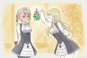 Rule 34 | absurdres, ange (princess principal), black dress, black pantyhose, black ribbon, blonde hair, blue eyes, blush, christmas, closed eyes, commentary, cross-laced clothes, cross-laced dress, dress, english commentary, framed breasts, full-face blush, gift, grey hair, heart, highres, holding, holding gift, holding mistletoe, looking at another, mistletoe, neck ribbon, pantyhose, princess (princess principal), princess principal, ribbon, signature, two-tone dress, watercolor background, white dress, xin (blueramen), yellow background
