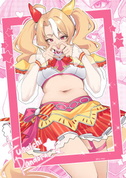 1girl absurdres animal_ears blonde_hair breasts character_name commentary ear_covers fusaichi_pandora_(assorted_cuteness)_(umamusume) fusaichi_pandora_(umamusume) heart heart_hands highres horse_ears horse_girl horse_tail large_breasts long_hair midriff multicolored_hair navel pinepin pink_eyes red_skirt skirt solo standing stomach streaked_hair symbol-only_commentary tail thighs twintails umamusume white_hair zoom_layer