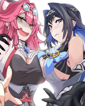 Rule 34 | animal ears, asymmetrical docking, black gloves, black shirt, breast press, breasts, cat ears, cat girl, cat tail, closed mouth, commentary request, fang, gagusha, gloves, highres, hololive, hololive english, large breasts, long hair, looking at viewer, medium hair, multicolored hair, open mouth, ouro kronii, ouro kronii (1st costume), pink hair, raora panthera, raora panthera (1st costume), shirt, skin fang, streaked hair, tail, vest, virtual youtuber, white streaks, white vest, yellow eyes