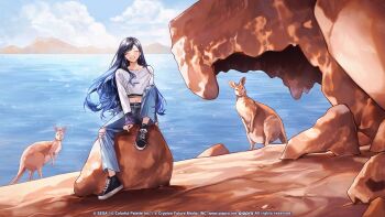 1girl ^_^ animal australia belt between_legs black_hair black_shoes black_tank_top blue_hair blue_pants blue_sky closed_eyes cloud cloudy_sky collarbone commentary converse copyright_notice crop_top cropped_shirt day earrings english_commentary facing_viewer full_body gradient_hair grey_shirt grin guest_art hair_behind_ear hair_ornament hand_between_legs highres jewelry kangaroo long_hair long_sleeves midriff mountain mountainous_horizon multicolored_hair navel ocean official_art on_rock outdoors pants project_sekai rock shiraishi_an shirt shoes single_sidelock sitting sky sleeves_past_wrists smile solo_focus star_(symbol) star_hair_ornament striped_belt swept_bangs tank_top to_e torn_clothes torn_pants two-tone_hair water