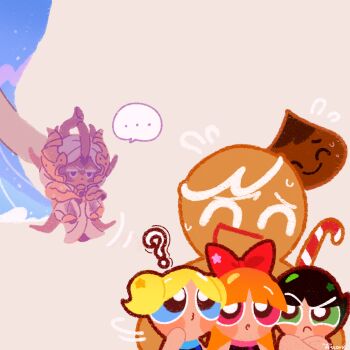 Rule 34 | ..., 1other, 3girls, ?, black hair, blonde hair, blossom cookie, blue eyes, blue hair, bow, bubbles cookie, buttercup cookie, candy, candy cane, choco drop, closed eyes, commentary request, cookie run, cookie run: ovenbreak, dragon horns, food, gingerbrave, green eyes, hair bow, highres, horns, longan dragon cookie, multiple girls, orange hair, pink eyes, powerpuff girls, sea fairy cookie, short hair, short twintails, thai commentary, twintails, water dress, yummybunny777