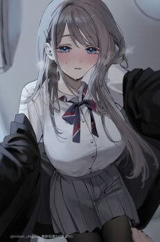 2girls black_jacket black_nails black_pantyhose blue_eyes blue_ribbon blush chigusa_minori commentary_request dress_shirt gradient_nails grey_hair grey_skirt hair_ornament hairclip highres jacket long_hair looking_at_viewer multiple_girls neck_ribbon open_mouth pantyhose pleated_skirt ribbon saotome_shino_(shino_to_ren) shino_to_ren shirayuki_ren shirt skirt solo_focus sweat torn_clothes torn_pantyhose white_shirt yuri