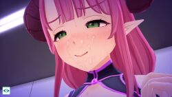 1boy 1girl 3d animated bad_tag breasts breasts_out captain_(shangri-la_drive) cum cum_on_body dragon_girl dragon_horns ejaculation eltlinde_(shangri-la_drive) facial game_cg grabbing_own_breast helmet hetero highres horns huge_breasts monster_girl paizuri pink_hair screencap shangri-la_drive sound tagme tongue tongue_out video video_game
