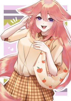 Rule 34 | 1girl, absurdres, animal ears, arm up, bag, border, breasts, brown skirt, commentary, cowboy shot, double-parted bangs, draw this in your style challenge, english commentary, eyeliner, fox ears, genshin impact, hair between eyes, highres, kuraedo, long hair, looking at viewer, makeup, medium breasts, open mouth, outside border, pink hair, purple eyes, red eyeliner, shirt, shirt tucked in, short sleeves, skirt, smile, solo, white border, yae miko, yellow shirt