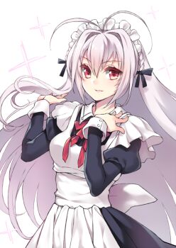 1boy 1girl :d antenna_hair apron black_dress black_ribbon blush bow bowtie breasts collar cowboy_shot dress female_focus fuya_(tempupupu) hair_between_eyes hair_ribbon hand_in_own_hair hand_on_own_chest hand_up light_purple_hair long_hair long_sleeves looking_at_viewer maid_headdress medium_breasts open_mouth parted_lips red_bow red_bowtie red_eyes ribbon sakurakouji_saika sleeve_cuffs smile solo trap tsuki_ni_yorisou_otome_no_sahou_2 tsurime very_long_hair