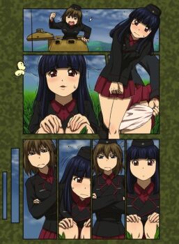 Rule 34 | 10s, angry, ankle boots, bad id, bad pixiv id, black footwear, black hair, black hat, black jacket, black legwear, blue eyes, blunt bangs, blush, boots, brown hair, bug, butterfly, closed mouth, clothes lift, colored pencil (medium), comic, crossed arms, day, dress shirt, extra, flying sweatdrops, frown, fume, garrison cap, girls und panzer, grass, hat, have to pee, insect, jacket, kuromorimine military uniform, long hair, long sleeves, looking at another, military, military hat, military uniform, miniskirt, outdoors, panties, panty pull, parted lips, pleated skirt, purple eyes, red shirt, red skirt, shirt, short hair, shouting, skirt, skirt lift, socks, squatting, standing, tank cupola, tearing up, toyomaru, traditional media, trembling, underwear, wavy mouth, white panties