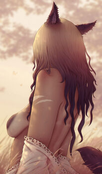 Rule 34 | 1girl, animal ears, back, blonde hair, blurry, blurry background, brown hair, bug, butterfly, cat ears, cat girl, cat tail, dark-skinned female, dark skin, ear piercing, facing away, final fantasy, final fantasy xiv, freckles, gradient hair, highres, insect, large areolae, loose clothes, loose shirt, miqo'te, mole, multicolored hair, off shoulder, outdoors, piercing, shirt, solo, soranamae, tail, tan, tanline, topless female, tree, warrior of light (ff14), wavy hair, wheat
