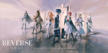 2boys absurdres arm_up bashlik black_boots black_cape black_coat black_hat blue_bow blue_coat blue_eyes blue_shirt blue_sky boater_hat boots bow brown_hat brown_jacket brown_shorts cape capelet character_name charon_(reverse:1999) checkered_hairband cloud cloudy_sky coat commentary_request copyright_name dress flower full_body goggles goggles_on_head green_cape green_eyes grey_shoes hairband hat hat_bow highres holding holding_suitcase igor_(reverse:1999) jacket lilya_(reverse:1999) logo long_dress looking_at_viewer marsha_(reverse:1999) merel_(reverse:1999) mimaki_pv multiple_boys old old_man open_door orange_hair pants pants_under_dress profile purple_capelet red_flower red_hair reflective_floor reverse:1999 shirt shoes short_dress short_hair shorts shoulder_belt skirt sky sonetto_(reverse:1999) standing suitcase veil vertin_(reverse:1999) walking white_dress white_jacket white_pants white_skirt white_veil