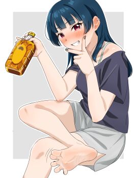 1girl barefoot blue_hair blush crossed_legs feet grin highres long_hair looking_at_viewer love_live! love_live!_sunshine!! pink_eyes smile soles toes tsushima_yoshiko yorunoudonya