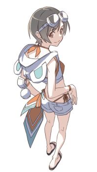 1girl bare_legs bikini bikini_under_clothes black_hair character_hood cropped_hoodie decoponmagi final_fantasy final_fantasy_vii final_fantasy_vii:_ever_crisis highres hood hoodie looking_at_viewer looking_back official_alternate_costume sandals short_hair short_shorts shorts side-tie_bikini_bottom solo swimsuit yuffie_kisaragi yuffie_kisaragi_(summer_moogle)