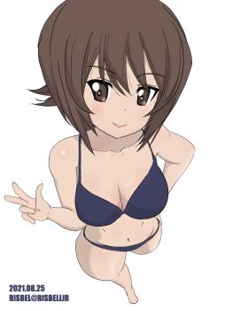 1girl arm_behind_back artist_name bikini blue_bikini breasts brown_eyes brown_hair commentary_request dated from_above full_body girls_und_panzer highres large_breasts looking_at_viewer nishizumi_maho pixiv_username risbellir short_hair smile solo swimsuit