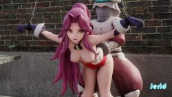 1boy 1girl 3d angela_(seiken_densetsu_3) animated artist_name bound bound_wrists breasts breasts_out brick_wall censored chain chained_wrists cleft_of_venus cum cum_in_pussy cumdrip gloves green_eyes hetero jerid_oiso leotard long_hair moaning mosaic_censoring nipples penis pointy_ears prison purple_gloves purple_hair pussy rape red_leotard seiken_densetsu seiken_densetsu_3 sex sex_from_behind sound square_enix thighs ugoira vaginal very_long_hair video watermark