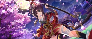 1boy 2girls aqua_(konosuba) arch_bridge architecture arm_garter armor bandaged_leg bandages black_socks blue_hair boat breasts bridge brown_hair cherry_blossoms cherry_tree chest_sarashi drawing_sword drunk east_asian_architecture edo_jidai eyepatch falling_petals from_below full_moon game_cg green_eyes hadanugi_dousa hair_ornament hair_stick hair_up highres holding holding_oar holding_sword holding_weapon japan japanese_armor japanese_clothes katana kimono kneehighs kono_subarashii_sekai_ni_shukufuku_wo! konosuba!_fantastic_days kote kurokote light_blue_hair looking_at_viewer looking_down megumin moon mount_fuji multiple_girls night oar obi official_alternate_costume official_alternate_hairstyle official_art on_boat open_clothes open_kimono pagoda petals pink_kimono pink_petals red_eyes red_kimono river riverbank rope_belt rowboat sandogasa sarashi sash satou_kazuma scabbard sheath sheathed short_hair short_hair_with_long_locks short_kimono shoulder_armor sidelocks single_bare_shoulder single_sode sky small_breasts smile socks sode sword tokyo_(city) unsheathing watercraft weapon wide_sleeves wooden_bridge