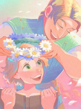 Rule 34 | 1boy, 1girl, beard, book, brown hair, chinstrap beard, closed eyes, commentary request, facial hair, flynn rider, green eyes, green vest, head wreath, highres, holding, holding book, holding head wreath, laughing, light blush, looking at another, naco oekaki, open mouth, parted bangs, rapunzel (disney), shirt, short hair, smile, tangled, upper body, vest, white shirt