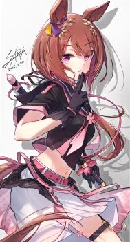 1girl adapted_costume animal_ears belt black_gloves black_sailor_collar black_shirt brown_hair commentary_request dated drop_shadow flower_in_eye gloves highres holding holding_sword holding_weapon horse_ears horse_girl horse_tail long_hair looking_at_viewer midriff navel neckerchief parted_lips pink_belt pink_eyes pink_neckerchief sailor_collar sakura_laurel_(umamusume) sarasuty shirt short_sleeves signature skirt solo sword symbol_in_eye tail thigh_strap umamusume weapon white_skirt