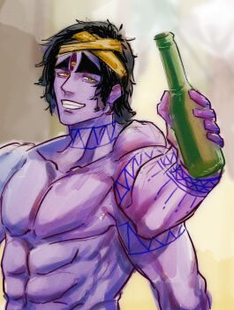 1boy abs arm_tattoo arm_up bandana black_hair black_tattoo bottle collarbone colored_skin extra_arms extra_eyes fang finger_tattoo glass_bottle highres holding holding_bottle male_focus multiple_boys multiple_eyes muscular muscular_male pectorals purple_skin shirtless_male shiva_(shuumatsu_no_valkyrie) short_hair shuumatsu_no_valkyrie sideways_glance smile smug solo tattoo teeth thick_eyebrows third_eye toned toned_male topless_male upper_body wrist_tattoo yellow_bandana yellow_eyes