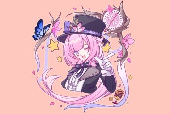 1girl ;o absurdres black_coat black_ribbon blue_eyes breasts bug butterfly clock coat cropped_torso cup elf elysia_(honkai_impact) gloves hat highres honkai_(series) honkai_impact_3rd insect long_hair looking_at_viewer medium_breasts one_eye_closed pink_background pink_hair pointy_ears purple_eyes ribbon shirt simple_background solo textless_version top_hat very_long_hair white_gloves white_shirt yinanhuahua