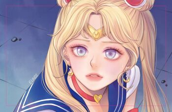 1girl artist_name bishoujo_senshi_sailor_moon blonde_hair blue_eyes blue_sailor_collar choker circlet commentary_request crescent crescent_earrings double_bun earrings eundi_ed eyelashes eyeshadow hair_bun jewelry korean_commentary magical_girl makeup meme parted_lips red_choker red_eyeshadow sailor_collar sailor_moon sailor_moon_redraw_challenge_(meme) sailor_senshi_uniform short_sleeves sidelocks solo sweatdrop tsukino_usagi twitter_username