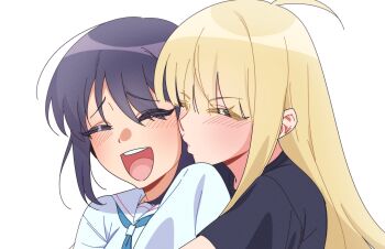 2girls :d ^_^ absurdres ahoge black_shirt blonde_hair blue_neckerchief blush cho_kaguya-hime! closed_eyes commentary_request highres hug kaguya_(cho_kaguya-hime!) korean_commentary laughing long_hair multiple_girls neckerchief o3o open_mouth puckered_lips sailor_collar sakayori_iroha school_uniform shirt short_hair simple_background smile upper_body white_background yuri zlflzhdpqmek