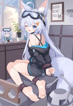 1girl :d ^^^ absurdres ahoge animal_ear_fluff animal_ears bare_legs barefoot black_jacket black_shirt black_shorts blue_eyes blue_hair bound bound_ankles bound_wrists breasts character_doll chinese_commentary commentary_request criss-cross_back-straps doll eugenecolin feet fox_ears fox_girl fox_tail full_body goggles goggles_on_head hair_ornament highres hood hood_down hooded_jacket indoors jacket large_variant_set laser legs long_hair long_sleeves looking_at_viewer looking_back one_eye_closed open_mouth original plant potted_plant puffy_long_sleeves puffy_sleeves revision shirt short_shorts shorts sleeveless sleeveless_shirt small_breasts smile soles solo tail tearing_up tears tickling tickling_feet toes triangle_hair_ornament variant_set very_long_hair window yukino_shigure