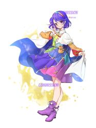 Rule 34 | 1girl, 80isiiii, absurdres, blue eyes, blue hair, blush, boots, cloak, commission, dress, full body, hairband, highres, long sleeves, multicolored clothes, multicolored dress, multicolored hairband, open mouth, purple footwear, rainbow gradient, short hair, simple background, sky print, smile, solo, tenkyuu chimata, touhou, watermark, white background, white cloak