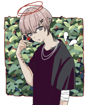 1boy absurdres arm_tattoo bandaged_arm bandages black_hair black_shirt blue_eyes brown_hair chain chain_necklace commentary commentary_request ear_piercing english_commentary gradient_hair hair_ornament hairclip halo heart highres jewelry looking_at_viewer male_focus mixed-language_commentary multicolored_hair necklace niwa281610 original outside_border piercing red_halo shirt solo spike_piercing tattoo wings