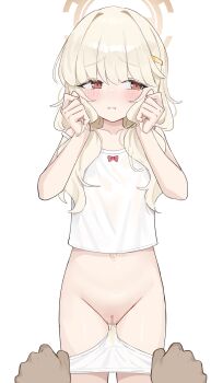 1girl absurdres aoba_(blue_archive) averting_eyes blue_archive blush camisole censored halo highres loli long_hair mosaic_censoring navel panties panty_pull pee_stain shengtian simple_background solo_focus stained_panties underwear variant_set white_background white_camisole white_panties