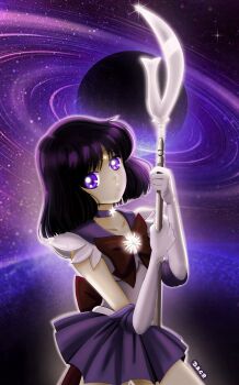 back_bow bishoujo_senshi_sailor_moon black_eyes black_hair blunt_bangs bob_cut bow bowtie brooch choker circlet deniacp earrings gem glaive_(polearm) highres jewelry miniskirt pleated_skirt polearm purple_bow purple_bowtie purple_choker purple_eyes purple_gemstone purple_sailor_collar purple_skirt sailor_collar sailor_saturn shirt short_hair short_sleeves silence_glaive skirt star_(sky) star_(symbol) star_choker star_ornament tomoe_hotaru white_shirt