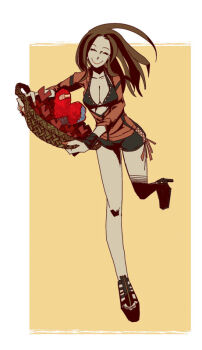 basket black_bra black_shorts bra breasts brown_hair cleavage closed_eyes closed_mouth collarbone commentary_request eyelashes fingernails heart high_heels holding holding_basket jacket kyokugen_dasshutsu long_fingernails long_hair mira_(kyokugen_dasshutsu) nail_polish partially_open_jacket red_jacket red_nails shoes shorts silver-frog simple_background smile standing standing_on_one_leg underwear zero_escape:_toki_no_dilemma