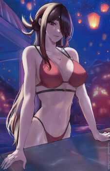 beidou_(genshin_impact) bikini blurry blurry_background breasts brown_hair colored_eyepatch eyepatch genshin_impact hair_ornament hair_stick highres jewelry lantern large_breasts navel necklace night pool red_bikini red_eyes sky star_(sky) starry_sky swimsuit tommy_(kingdukeee) underbust wet