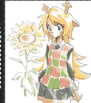 1girl :< animal_ears animal_nose antlers art_program_in_frame black_eyes black_shirt black_skirt blonde_hair checkered_sweater_vest closed_mouth commentary cowboy_shot deer_ears deltarune flower freckles green_sweater_vest hashtag-only_commentary horns long_hair long_sleeves noelle_holiday pleated_skirt red_sweater_vest reindeer_antlers reindeer_girl shirt simple_background sketch skirt sleeve_cuffs solo standing sunflower sweater_vest two-tone_sweater_vest utdr_(toby_fox) very_long_hair viscogone white_background wing_collar yellow_flower