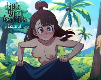 1girl blue_sky blush bouncing_breasts breasts brown_hair bush caught coconut coconut_tree copyright_name day highres kagari_atsuko little_witch_academia medium_breasts nipples outdoors palm_tree ponytail red_eyes short_ponytail sky solo tanquito tree