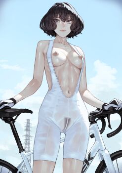 1girl absurdres bicycle bike_shorts black_eyes black_hair blue_sky bodysuit breasts brown_hair cameltoe cleavage commentary female_pubic_hair gloves gluteal_fold highres kaoming lips medium_breasts nanjou_ao navel nipples open_clothes original outdoors paid_reward_available power_lines pubic_hair see-through_clothes shirt short_hair sky solo standing suspenders sweat topless_female two-tone_gloves vignetting wet wet_clothes white_bodysuit zipper_pull_tab