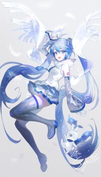 1girl 1other absurdres ahoge aqua_eyes aqua_hair arm_up blue_necktie blue_trim boots breasts collared_shirt detached_sleeves full_body hair_between_eyes hair_ornament hatsune_miku highres long_hair long_sleeves looking_at_viewer medium_breasts mittens necktie open_mouth rabbit rabbit_yukine scarf shirt signature sleeveless sleeveless_shirt smile snowflake_print soyoong_jun thigh_boots twintails very_long_hair vocaloid white_mittens white_scarf white_shirt wide_sleeves yuki_miku yuki_miku_(2011)