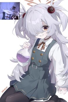 1girl absurdres black_pantyhose black_shoes blue_archive brown_eyes brown_halo collared_shirt commentary dress exusiai_dust flask flat_chest game_screenshot_inset grey_hair grey_shirt hair_over_one_eye halo highres holding holding_flask kanoe_(blue_archive) long_hair long_sleeves looking_at_viewer miniskirt neck_ribbon pantyhose parted_lips pinafore_dress pleated_skirt red_ribbon revision ribbon round-bottom_flask shirt shoes simple_background skirt sleeveless sleeveless_dress smile solo two_side_up white_background white_shirt