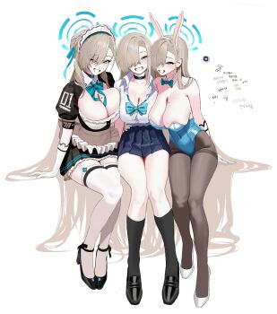 3girls absurdly_long_hair alternate_costume animal_ears anyak05 apron aqua_leotard arm_around_another's_waist asuna_(blue_archive) asuna_(bunny)_(blue_archive) asuna_(school_uniform)_(blue_archive) asymmetrical_bangs between_breasts black_choker black_dress black_pantyhose black_shoes black_socks blonde_hair blue_archive blue_bow blue_bowtie blue_eyes blue_halo blue_leotard blue_ribbon bow bowtie breast_press breasts button_gap choker cleavage dated_commentary detached_collar dress fake_animal_ears frilled_apron frilled_dress frills gloves grin hair_flowing_over hair_in_own_mouth hair_over_one_eye hair_spread_out halo high_heels highleg highleg_leotard highres large_breasts leotard long_hair looking_at_viewer loose_bowtie maid maid_apron maid_headdress mole mole_on_breast multiple_girls multiple_persona official_alternate_costume pantyhose playboy_bunny pleated_skirt puffy_short_sleeves puffy_sleeves rabbit_ears ribbon school_uniform shirt shoes short_sleeves simple_background sitting skirt smile socks strapless strapless_leotard symmetrical_docking thighband_pantyhose thighs traditional_bowtie undersized_breast_cup very_long_hair waist_apron white_apron white_background white_gloves white_shirt