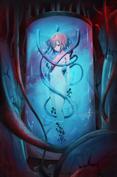 1girl absurdres arms_behind_back brown_hair cable convenient_censoring digital_dissolve glitch highres indoors laboratory liquid looking_at_viewer machine nude original pension_z pixels red_eyes ruins science_fiction short_hair solo stasis_tank submerged transparent underwater