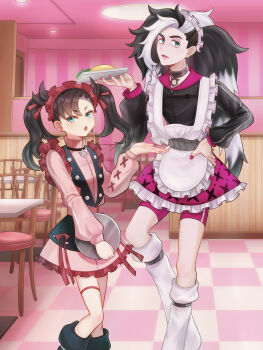 1boy 1girl :o absurdres alternate_costume asymmetrical_bangs bike_shorts black_choker black_hair black_jacket boots brother_and_sister chair checkered_floor choker crossdressing crossdressing_(mtf) earrings enmaided green_eyes hair_ribbon height_difference highres holding holding_plate holding_tray indoors jacket jewelry kneehighs long_hair long_sleeves maid maid_cafe maid_headdress marnie_(pokemon) multicolored_hair nintendo open_hand open_mouth piers_(pokemon) pink_nails pink_skirt pink_sweater plate pokemon pokemon_swsh puffy_sleeves purple_shorts purple_skirt restaurant ribbon serabiirose shorts shorts_under_skirt siblings skirt socks stud_earrings sweater table thigh_strap tray turtleneck turtleneck_sweater twintails two-tone_hair undercut very_long_hair white_hair