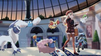 1girl absol alternate_color bag beret blonde_hair brown_bag brown_eyes brown_shoes brown_thighhighs claws closed_mouth commentary_request eyelashes fennekin floating full_body gen_2_pokemon gen_3_pokemon gen_4_pokemon gen_6_pokemon hand_on_own_chin hat holding holding_bag horns in-universe_location indoors long_sleeves mareep mocha_fushigi multicolored_hair night night_sky nintendo open_mouth pink_eyes plaid_clothes pokemon pokemon_(creature) pokemon_legends:_z-a prism_tower ralts red_bag red_eyes red_hair red_hat riolu shiny_pokemon shoes shopping_bag signature single_horn sky smile star_(sky) starry_sky swablu thighhighs tower two-tone_hair watermark