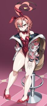 1girl animal_ears bandaid bandaid_on_knee bandaid_on_leg bare_legs bare_shoulders black_jacket blue_archive blush bow bowtie braid breasts captain_kirb collar detached_collar eyelashes fake_animal_ears female_focus full_body gradient_background grey_halo halo high_heels jacket jacket_partially_removed leotard looking_afar looking_to_the_side mole mole_under_eye multicolored_jacket neru_(blue_archive) neru_(bunny)_(blue_archive) petite pink_jacket playboy_bunny purple_background rabbit_ears red_bow red_bowtie red_hair red_shoes shoes short_hair simple_background single_braid sitting small_breasts solo strapless white_collar white_jacket