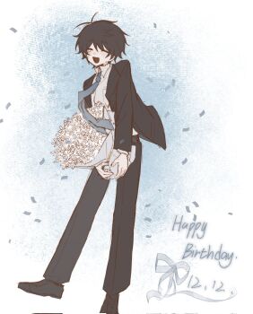 1boy :d akinashi_haru black_hair black_jacket black_pants black_suit blue_necktie bouquet closed_eyes collared_shirt commentary_request dress_shirt flower formal_clothes guzi15613491 happy_birthday highres holding holding_bouquet jacket male_focus necktie open_mouth pants saihate_eki shirt short_hair smile solo suit white_shirt