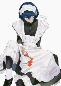 1boy abi_07km apron arm_support black_dress black_pants black_shoes blue_eyes blue_hair brown_eyes buttons closed_mouth crossdressing crossdressing_(mtf) dress frilled_sleeves frills hair_between_eyes heterochromia highres knee_up maid maid_apron male_focus male_maid metaphor:_refantazio pants protagonist_(metaphor:_refantazio) shoes simple_background sitting sleeve_cuffs solo spilling stain stained_clothes tabasco white_apron white_background