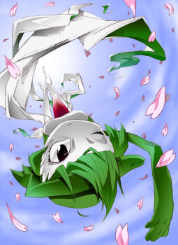 Rule 34 | 1girl, arm above head, arm over head, black eyes, blue sky, cherry blossoms, cloud, cloudy sky, colored skin, dancing, dappled sunlight, dress, falling, gardevoir, gen 3 pokemon, green hair, kaeru ace, light particles, midair, multicolored skin, nintendo, one eye closed, outdoors, outstretched arm, petal dance (pokemon), pink petals, pokemon, pokemon (creature), pokemon move, sky, solo, sunlight, two-tone skin, upside-down, white dress, wind