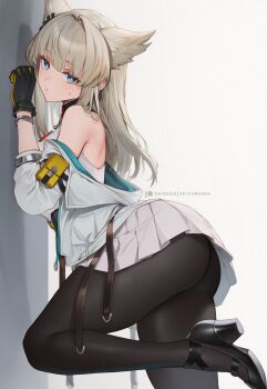 Rule 34 | 1girl, against wall, arknights, arknights: endfield, ass, bare shoulders, blue eyes, blush, breasts, dress, embarrassed, from behind, gloves, head wings, long hair, looking at viewer, medium breasts, pantyhose, perlica (arknights), setsumanga, shoes, short dress, sideboob, solo, sweatdrop, thick thighs, thighs, wings