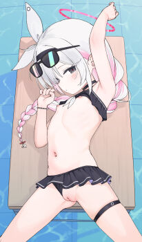 1girl aak absurdres armpits bikini bikini_bottom_aside bikini_top_lift black_bikini black_eyes blue_archive braid clothes_lift clothing_aside eyewear_on_head halo highres loli long_hair lying navel nipples on_back paid_reward_available pink_hair plana_(blue_archive) pussy solo sunglasses sunglasses_on_head swimsuit table thigh_strap uncensored variant_set