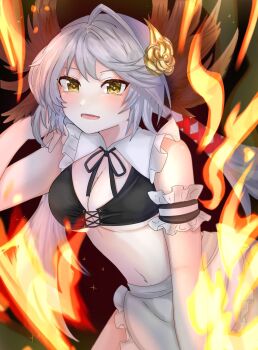 1girl alternate_costume artist_request breasts chaos_karen_(grimms_notes) grimms_notes highres large_breasts looking_at_viewer navel open_mouth smile solo source_request yellow_eyes