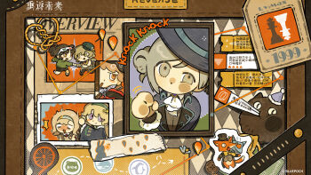 6+girls absurdres an-an_lee apple apple_(reverse:1999) ascot beryl_bouanich black_coat black_hair black_hat blonde_hair blush brown_hair brume_(reverse:1999) carbuncle_(reverse:1999) chess_piece chibi coat copyright_name copyright_notice creature film_strip food fox fruit grey_hair hair_bun halftone hat highres hofmann_knot knocking logo looking_at_viewer matilda_bouanich mechanical_head mother_and_daughter multiple_girls multiple_heads musae_iii official_art painting_(object) purple_eyes regulus_(reverse:1999) reverse:1999 single_side_bun vertin_(reverse:1999) white_ascot yellow_eyes