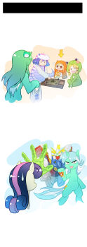10s 6+girls animal_costume aqua_hair bakunetsu_god_finger bonbon_(my_little_pony) crossover cutie_mark doma_umaru frog_costume frog_hair_ornament g_gundam green_hair gundam hair_ornament harp highres himouto!_umaru-chan instrument king_of_hearts kochiya_sanae komaru_(himouto!_umaru-chan) long_hair lyra_heartstrings mecha moriya_suwako multicolored_hair multiple_girls my_little_pony my_little_pony:_friendship_is_magic pink_hair pink_theme purple_hair robot shining_gundam snake_costume sweatdrop touhou two-tone_hair xin_yu_hua_yin yasaka_kanako
