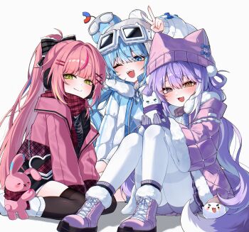 Rule 34 | 3girls, absurdres, animal ear headwear, arahashi tabi, black bow, black shirt, black thighhighs, blue bow, blue hair, blunt bangs, boots, bow, closed mouth, down jacket, earmuffs, fake animal ears, fang, full body, fur-trimmed boots, fur-trimmed jacket, fur-trimmed sleeves, fur trim, gloves, goggles, goggles on head, green eyes, hair bow, hanako nana, hand up, heterochromia, highres, jacket, knees up, knit hat, leg warmers, long hair, long sleeves, looking at viewer, multiple girls, nhom (woogi), one eye closed, open clothes, open jacket, open mouth, pantyhose, pink hair, pink jacket, plaid clothes, plaid scarf, ponytail, purple boots, purple gloves, purple hair, purple jacket, quilted jacket, red scarf, scarf, shirt, single off shoulder, sitting, smile, socks over thighhighs, stellive, tail, teeth, tenko shibuki, thighband pantyhose, thighhighs, upper teeth only, v, virtual youtuber, wariza, white background, white jacket, white leg warmers, white pantyhose, winter clothes